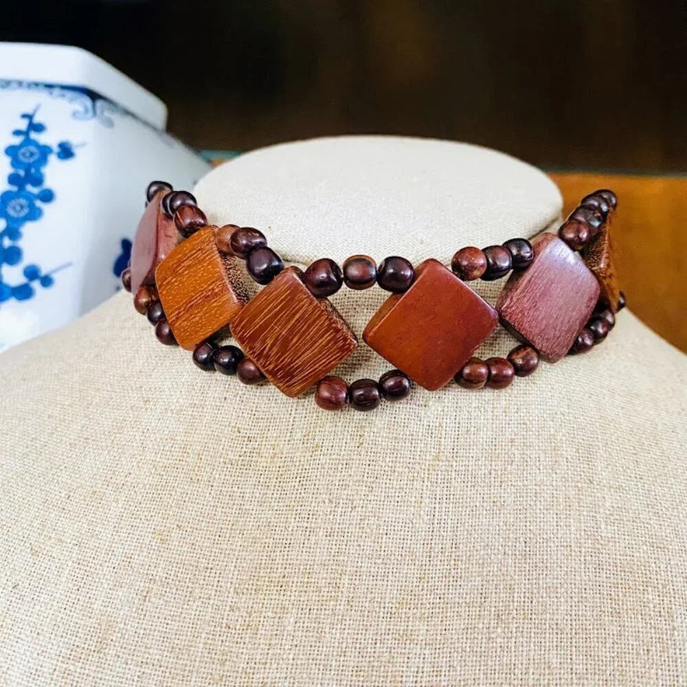 Vintage Handmade Wooden Beaded Choker Necklace With Adjustable Leather Cord